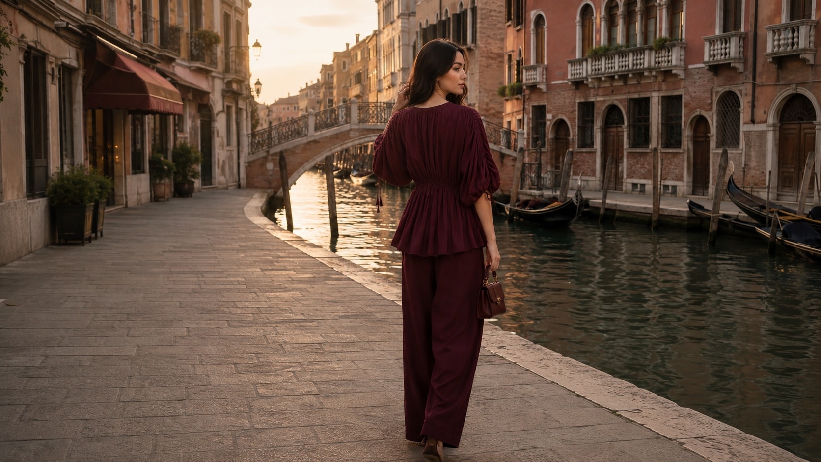 Coord Sets — model in a burgundy peplum top and wide-leg trousers on a canal walkway at dusk