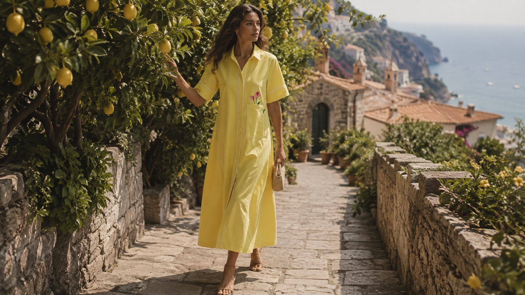 Shirt Dresses — model in a buttercup-yellow shirt dress on a stone path, lemon trees and a coastline behind