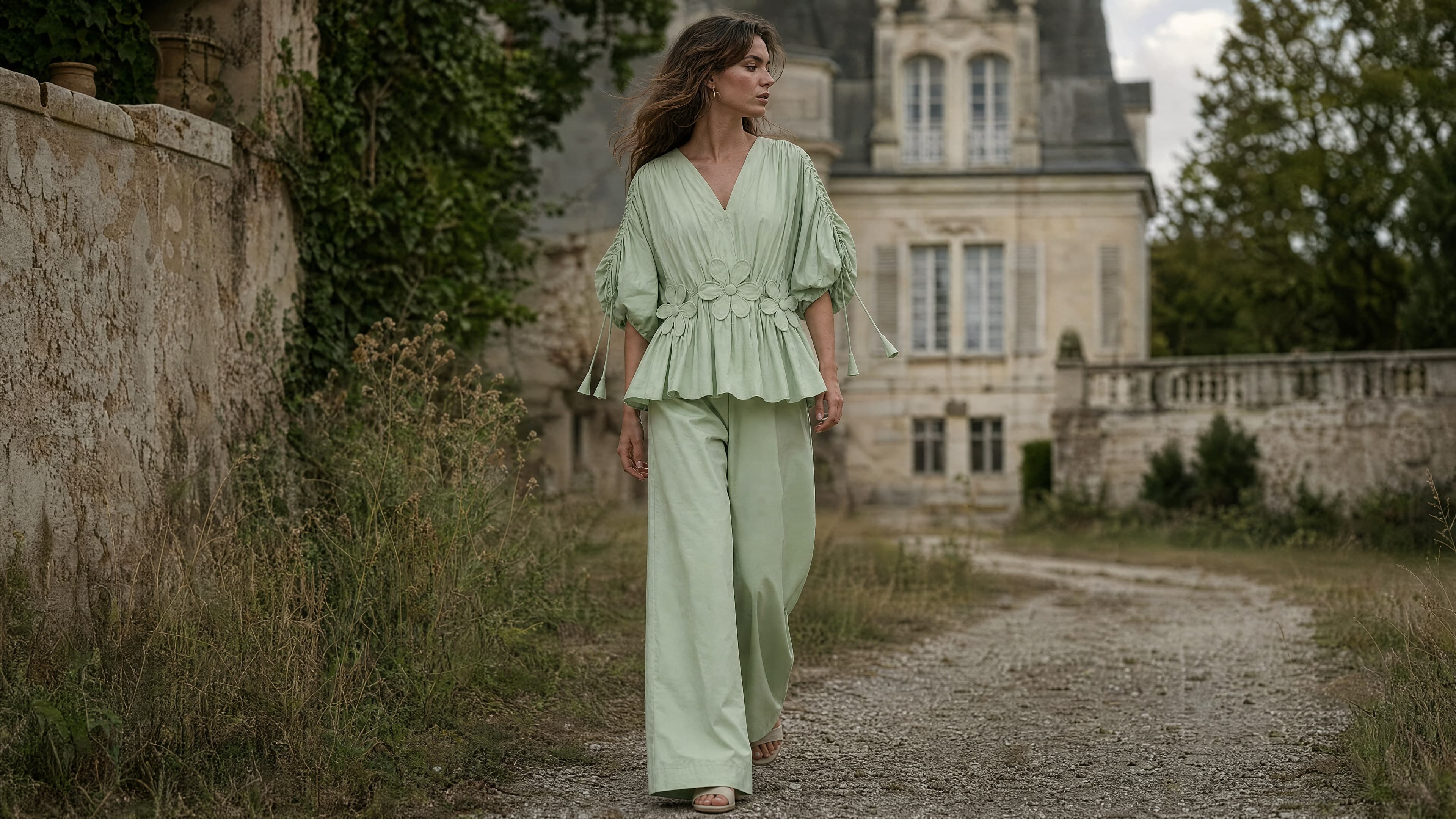 Sage-green peplum top and wide-leg trousers on the drive of a French château