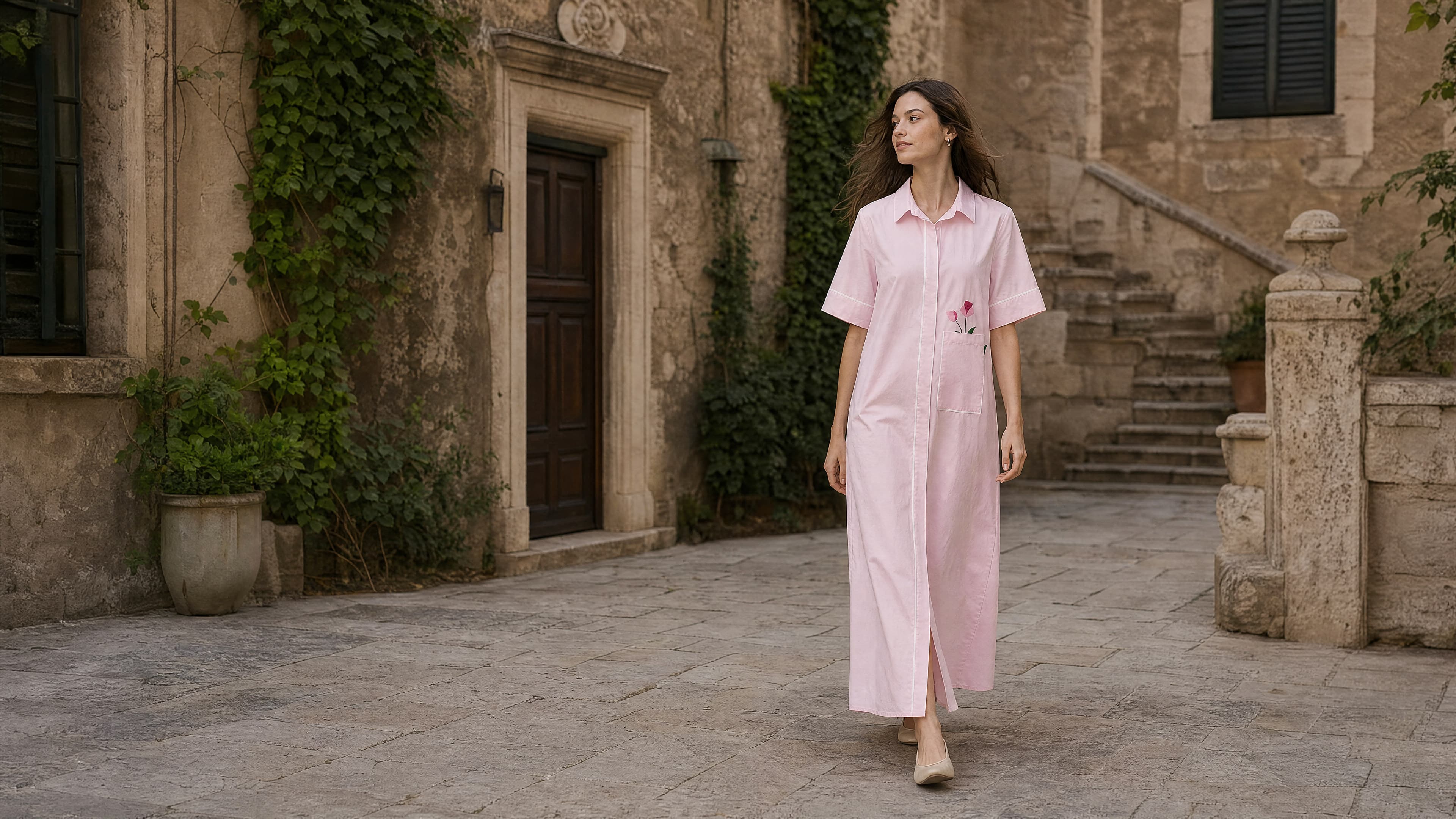 Pink striped maxi shirt dress, walking through a Mediterranean courtyard