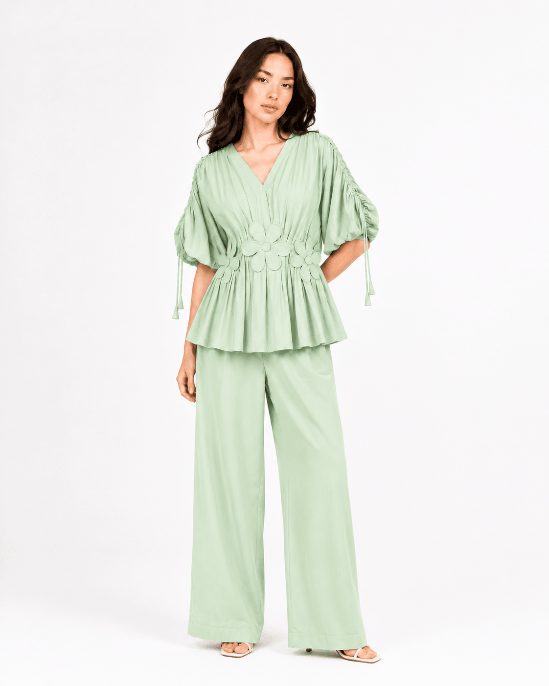 Coord Sets — the Mint Green Fleur Co-ord Set, a peplum top with wide-leg trousers
