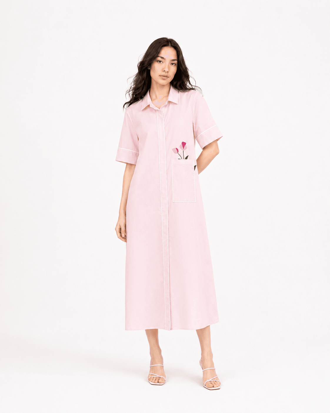 Shirt Dresses — the Rosalie Shirt Dress, blush pink with white contrast piping